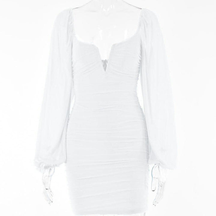 Mesh solid long sleeve ruched notch neck zip-up mini dress-final-sale  | Festival Outfits Women