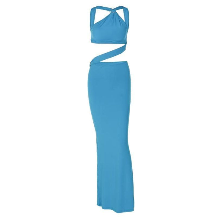 Backless hollow out o ring pearl chain solid cut out maxi dress-final-sale  | Festival Outfits Women