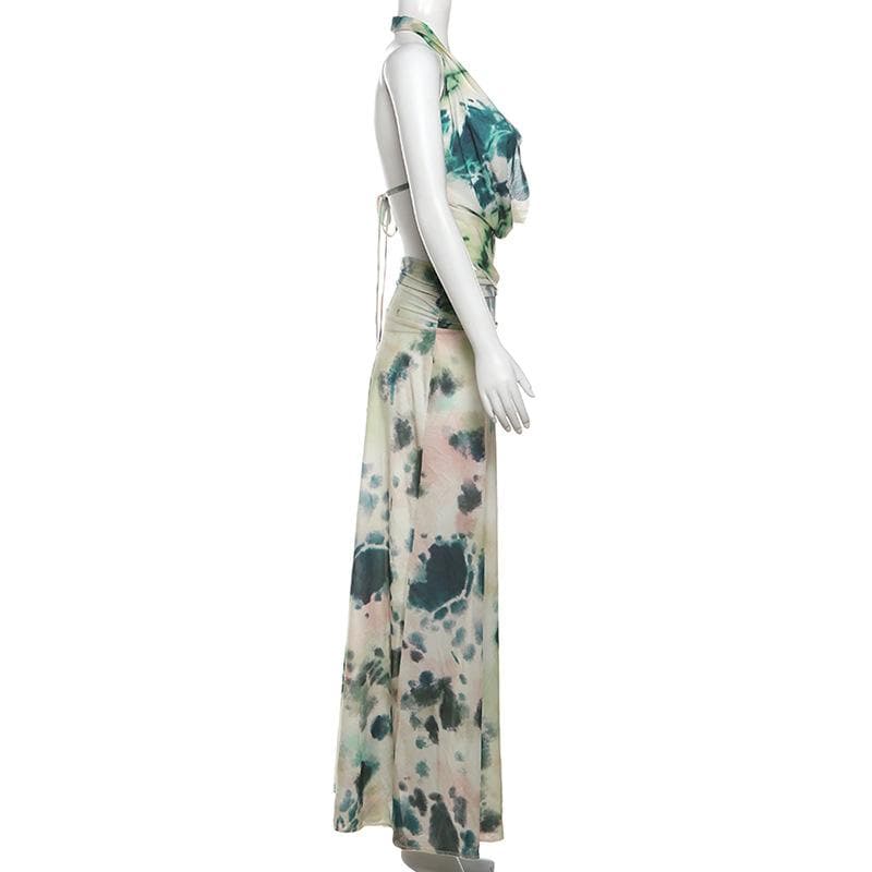 Halter cowl neck print ruched backless maxi skirt set-final-sale