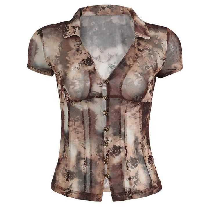 Short sleeve tie dye button sheer mesh top-final-sale