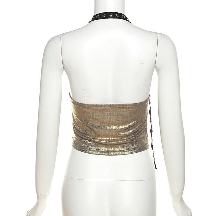Halter cowl neck metallic backless top  | Festival Outfits Women