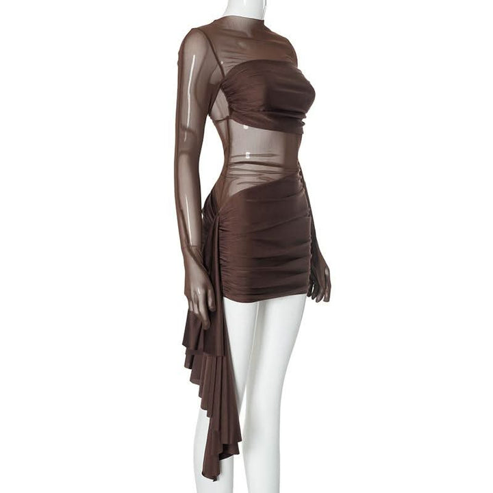 Long sleeve mesh patchwork ruched mini dress  | Festival Outfits Women