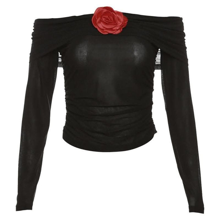 See through flower applique off shoulder ruched long sleeve top-final-sale  | Festival Outfits Women