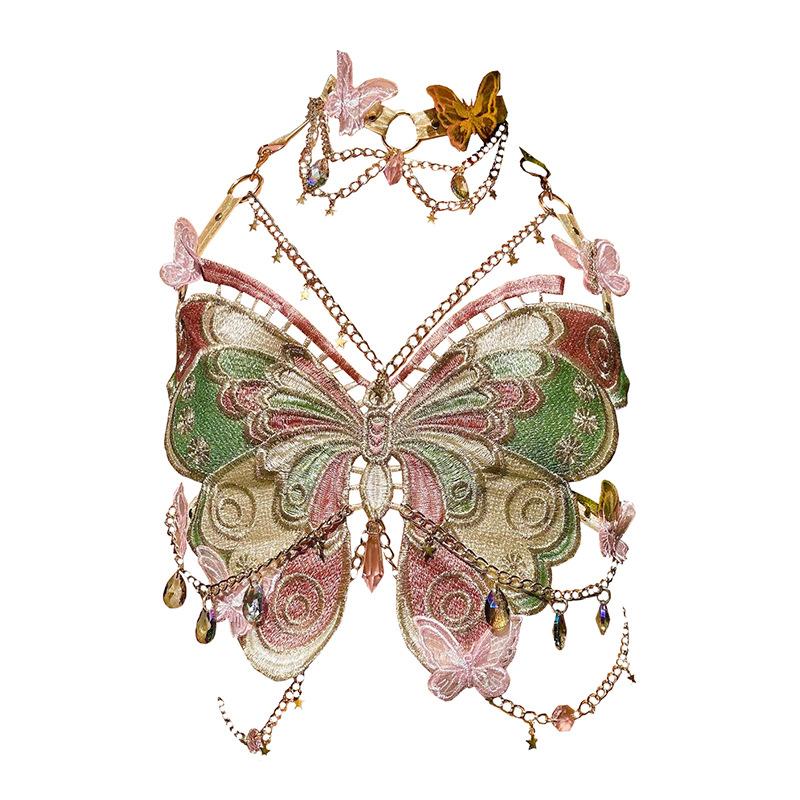 Butterfly embroidery metal chain halter top with choker  | Festival Outfits Women