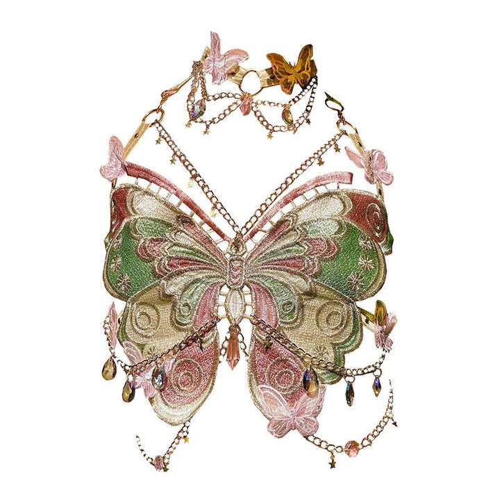 Butterfly embroidery metal chain halter top with choker  | Festival Outfits Women