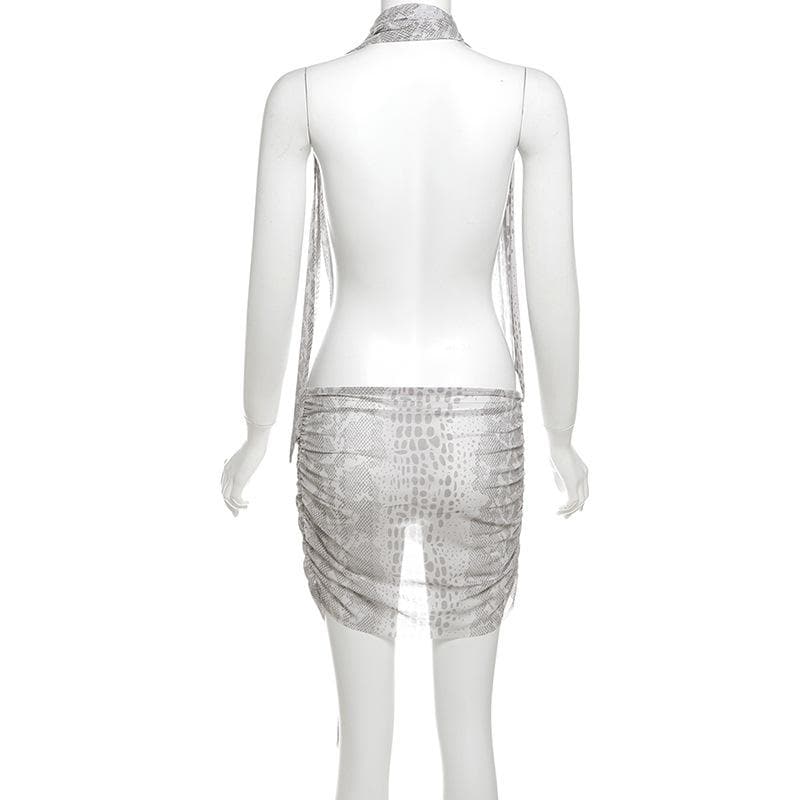 Snakeskin print halter sheer mesh irregular ruched mini dress  | Festival Outfits Women