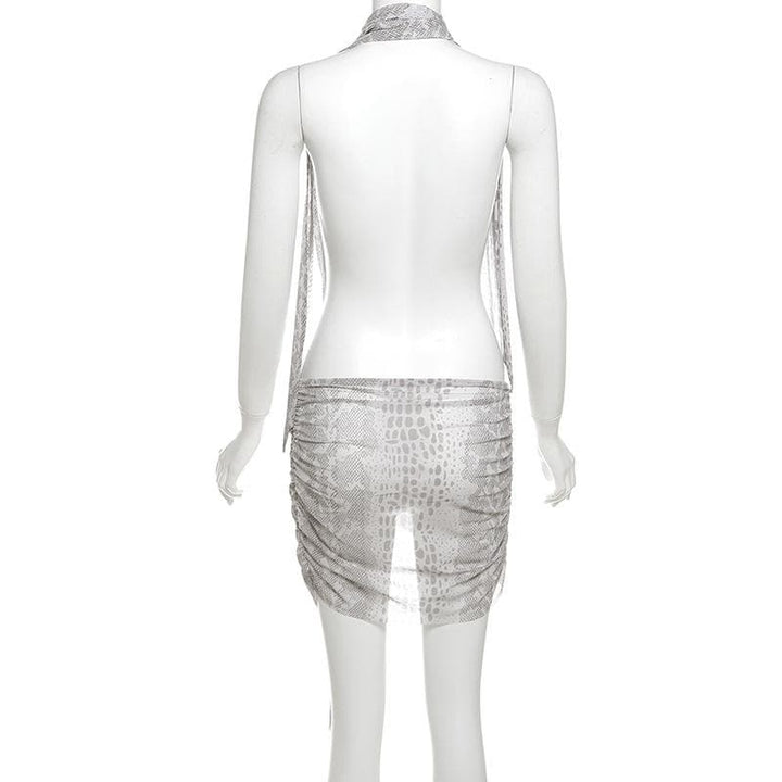Snakeskin print halter sheer mesh irregular ruched mini dress  | Festival Outfits Women