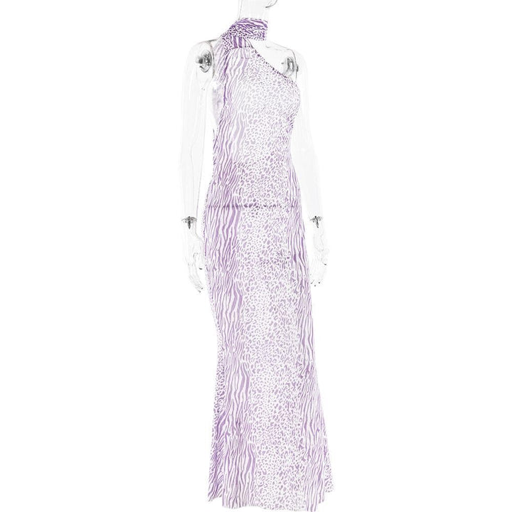 Halter one shoulder leopard print sheer mesh maxi dress  | Festival Outfits Women