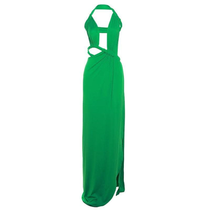 Halter irregular solid backless knotted ruched maxi dress-final-sale  | Festival Outfits Women