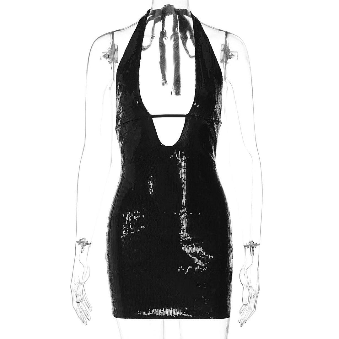 Halter v neck glitter backless mini dress  | Festival Outfits Women-final-sale