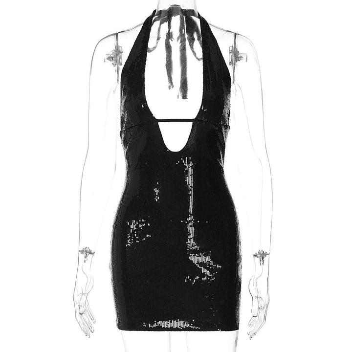 Halter v neck glitter backless mini dress  | Festival Outfits Women-final-sale
