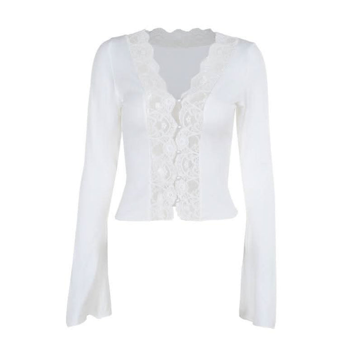 Long sleeve v neck lace hem button top  | Festival Outfits Women