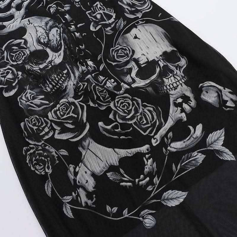 U neck skull print mesh backless cami maxi dress  | Festival Outfits Women-final-sale