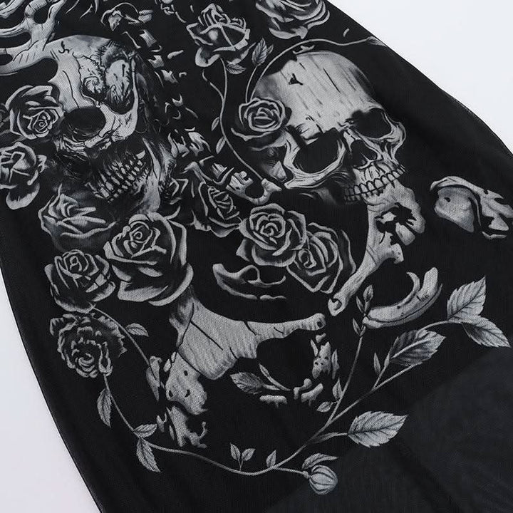 U neck skull print mesh backless cami maxi dress  | Festival Outfits Women-final-sale