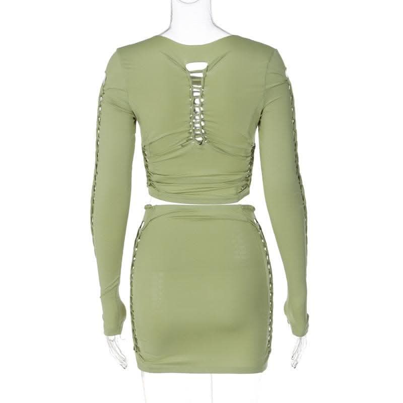 Long sleeve solid hollow out round neck ruched crop top skirt set-final-sale  | Festival Outfits Women