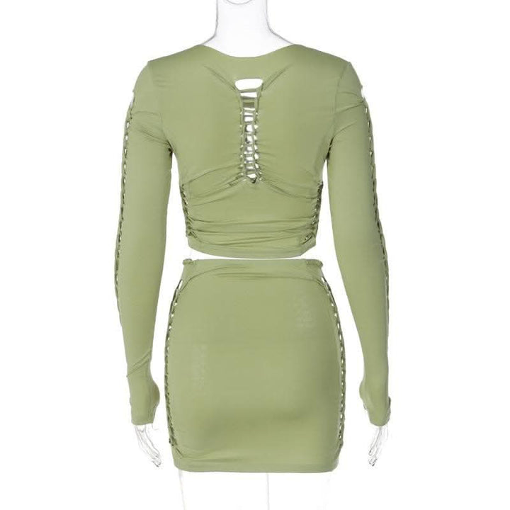 Long sleeve solid hollow out round neck ruched crop top skirt set-final-sale  | Festival Outfits Women