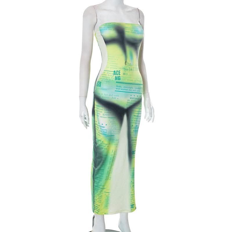 Letter print contrast slit backless sleeveless tube maxi dress-final-sale  | Festival Outfits Women