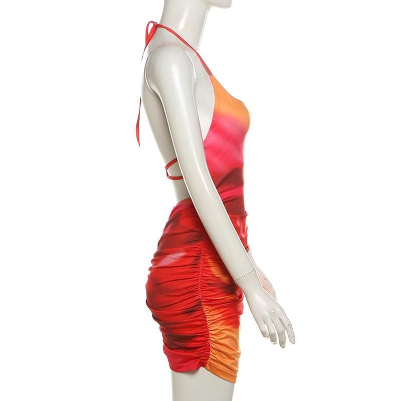 U neck halter tie dye ruched backless mini dress  | Festival Outfits Women