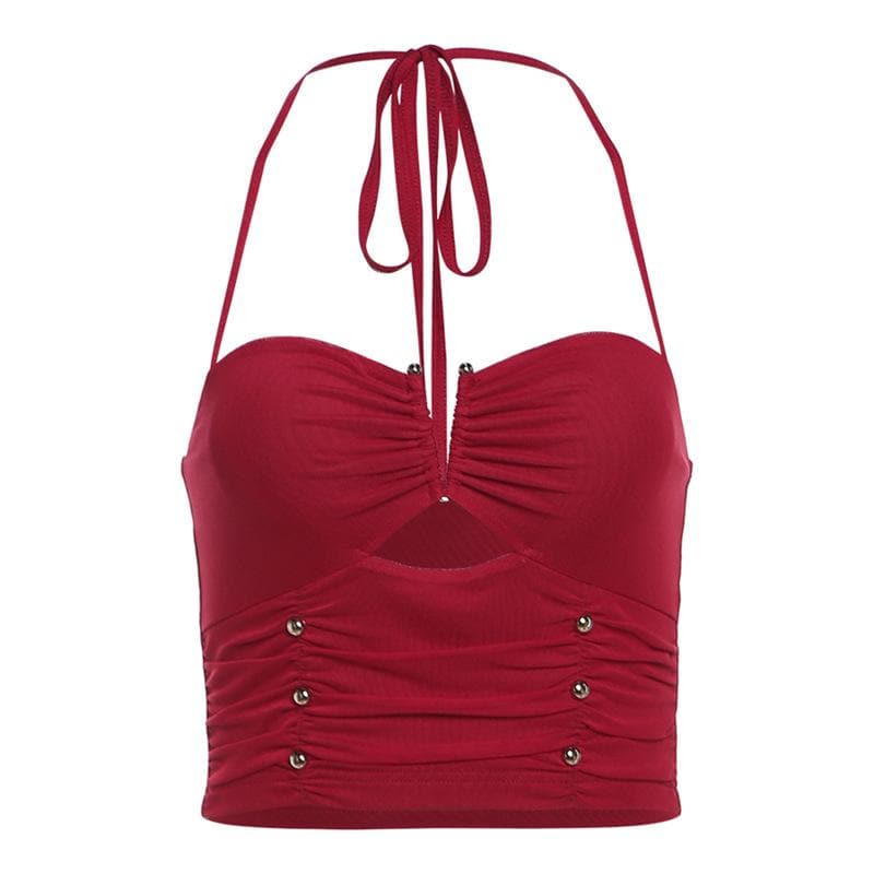 Halter ruched hollow out beaded cut out top  | Festival Outfits Women