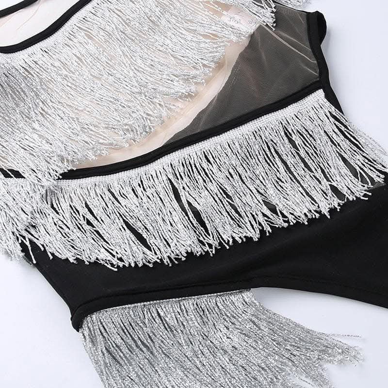 Irregular mesh see through tassels contrast backless cami bodysuit-final-sale  | Festival Outfits Women