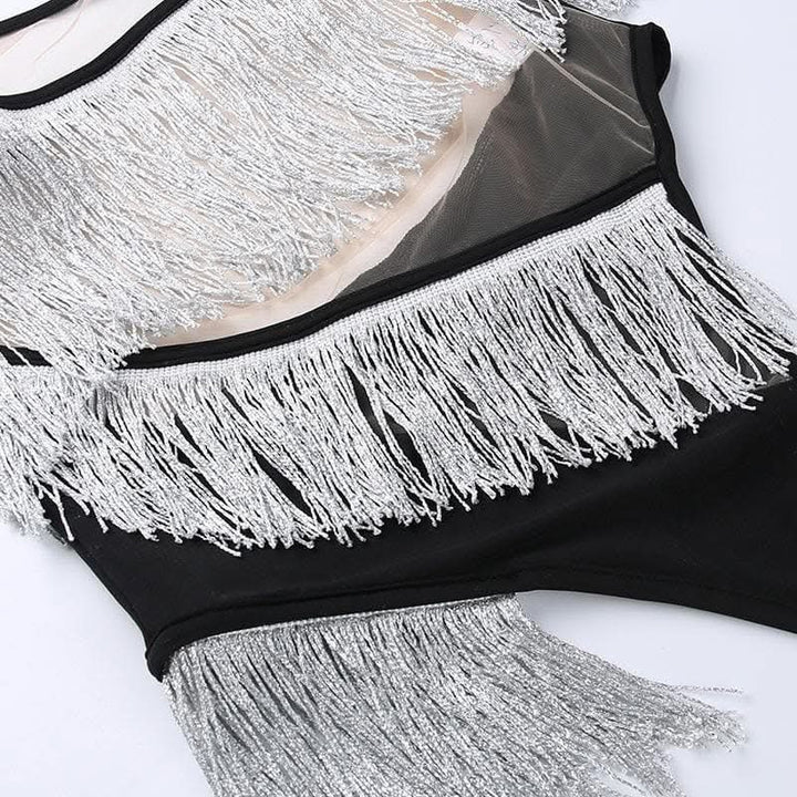 Irregular mesh see through tassels contrast backless cami bodysuit-final-sale  | Festival Outfits Women