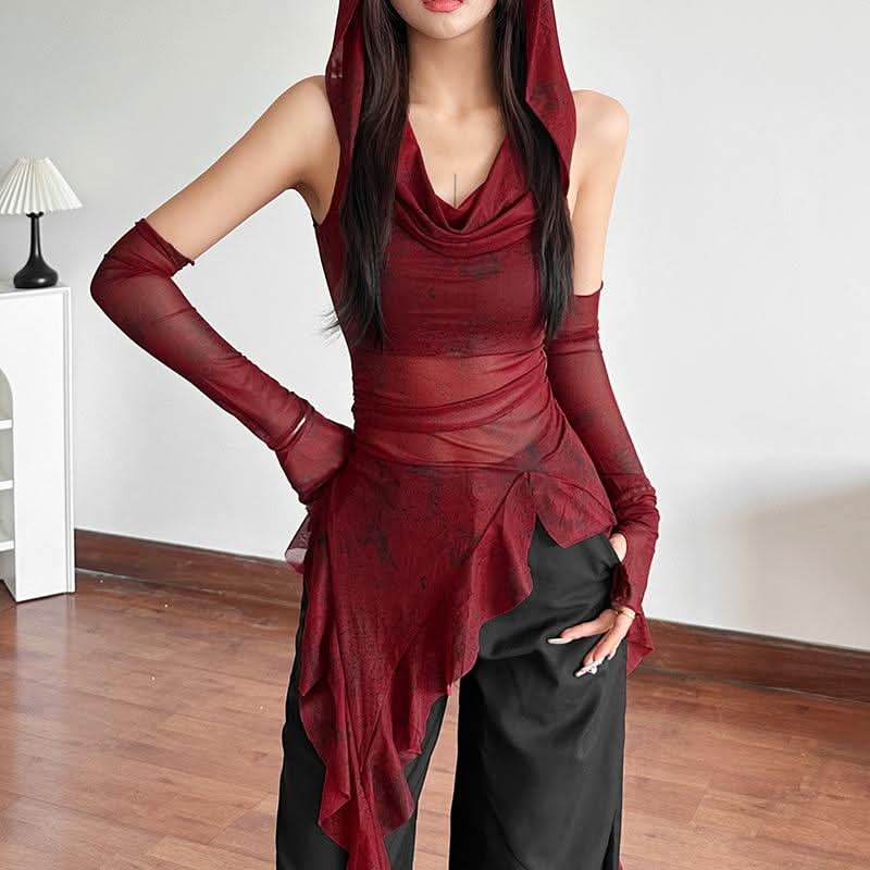 Hoodie cowl neck irregular gloves sheer mesh top  | Festival Outfits Women