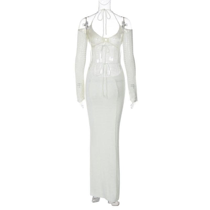 Long sleeve off shoulder halter knitted backless maxi dress-final-sale  | Festival Outfits Women