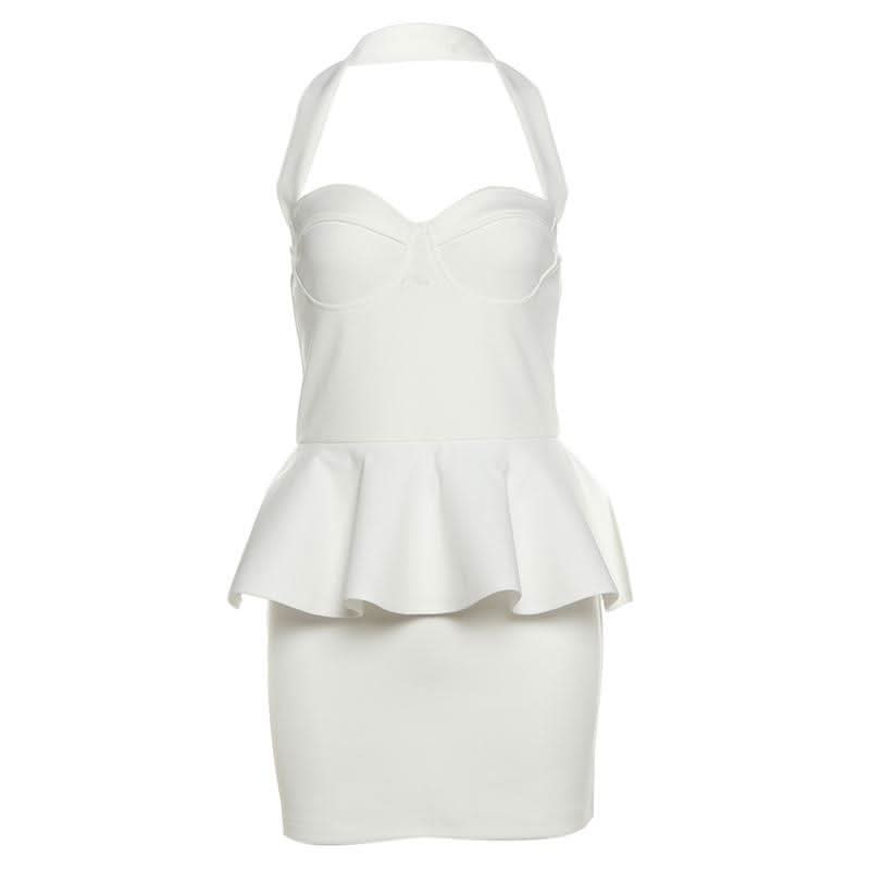 Halter ruffle v neck zip-up backless solid mini dress  | Festival Outfits Women