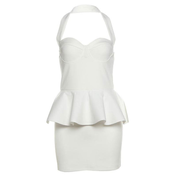 Halter ruffle v neck zip-up backless solid mini dress  | Festival Outfits Women