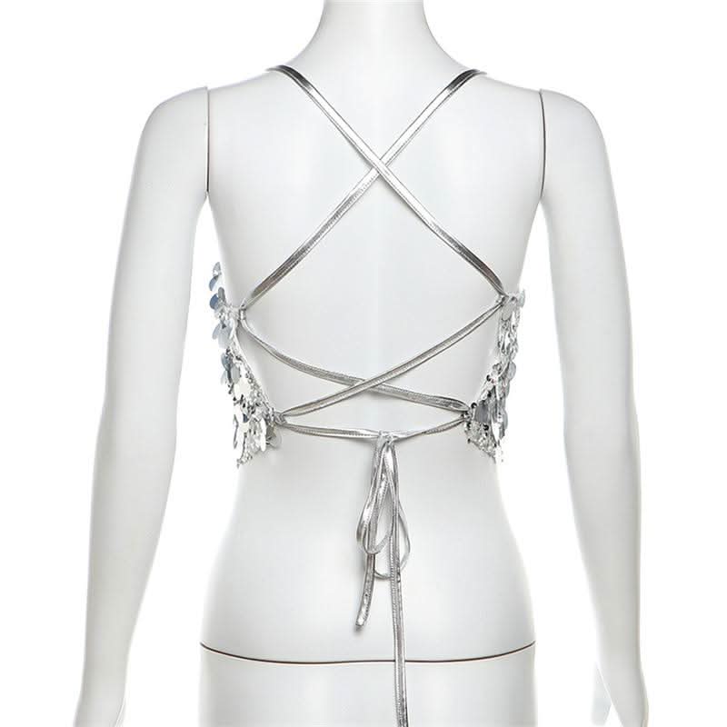 Glitter cross back self tie cami top  | Festival Outfits Women-final-sale