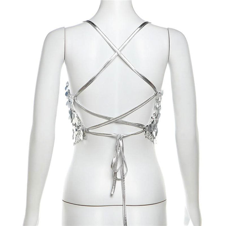 Glitter cross back self tie cami top  | Festival Outfits Women-final-sale