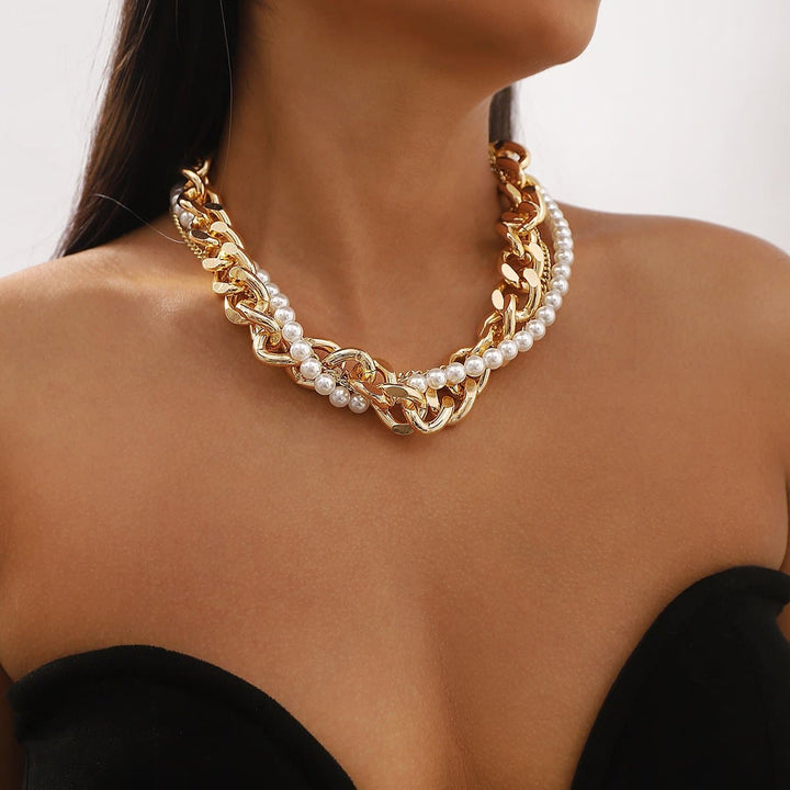 Faux pearl layered metal chain necklace  | Festival Outfits Women