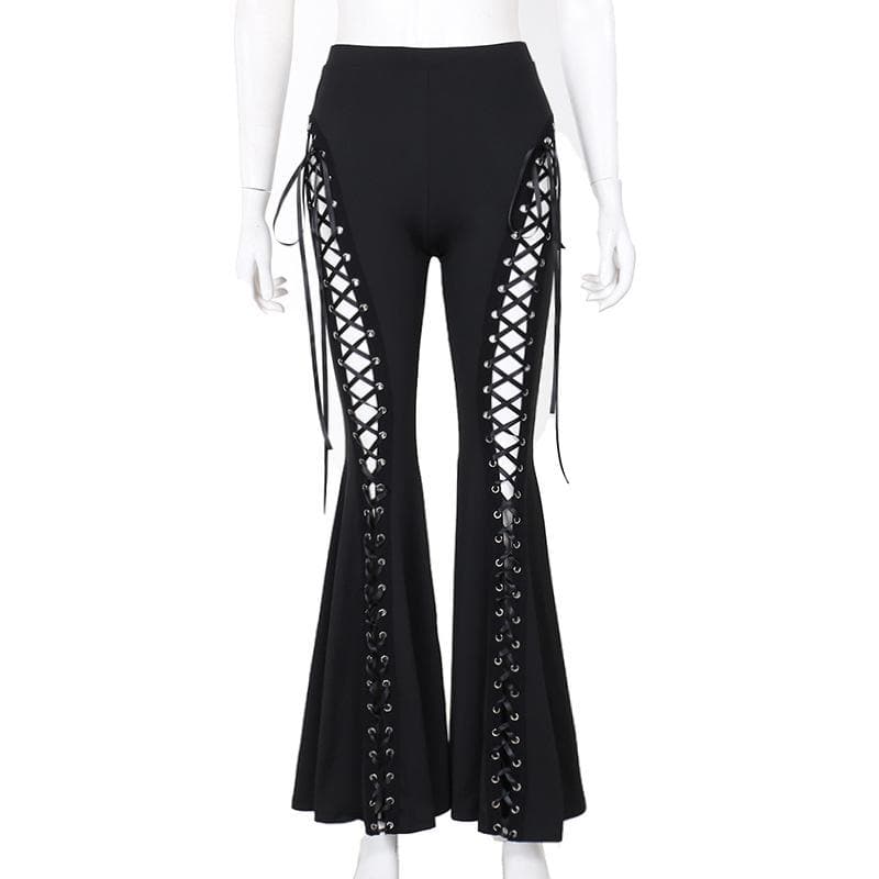 Lace up hollow out ribbon high rise pant  | Festival Outfits Women