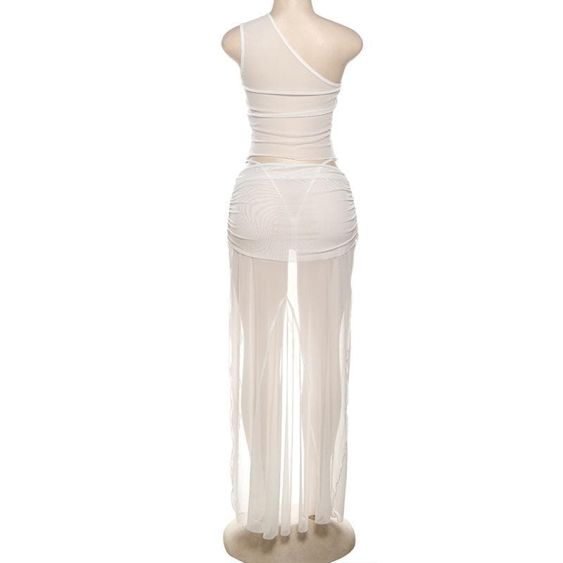 One shoulder high slit ruffle sheer mesh maxi skirt set-final-sale
