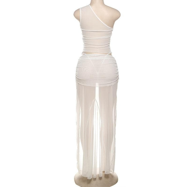 One shoulder high slit ruffle sheer mesh maxi skirt set-final-sale