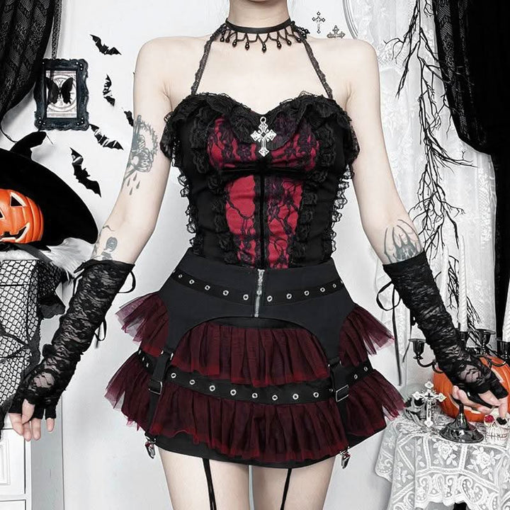 Mesh garter belt ruffle zip-up mini skirt  | Festival Outfits Women