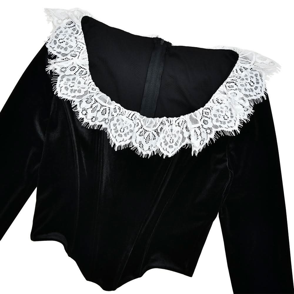 Long flared sleeve lace patchwork velvet zip-up top  | Festival Outfits Women