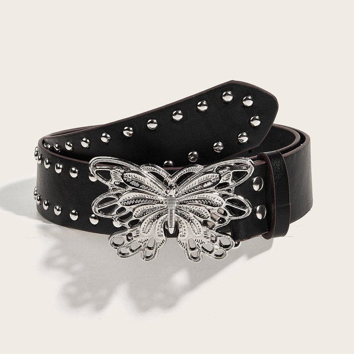 Silver butterfly hollow out beaded PU leather belt  | Festival Outfits Women