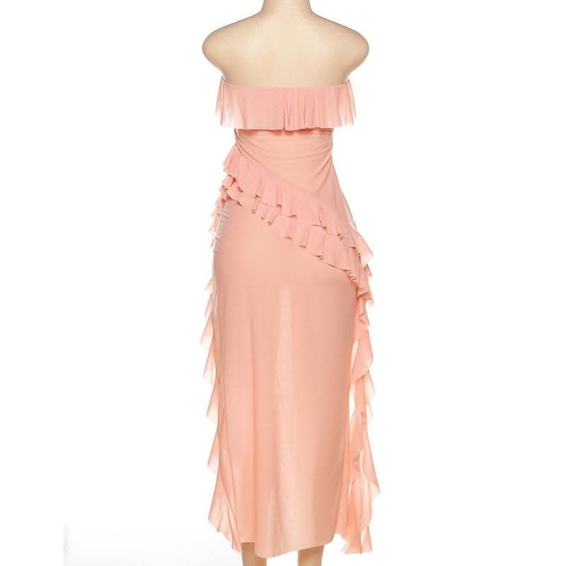 Ruffle solid slit irregular backless tube midi dress-final-sale  | Festival Outfits Women