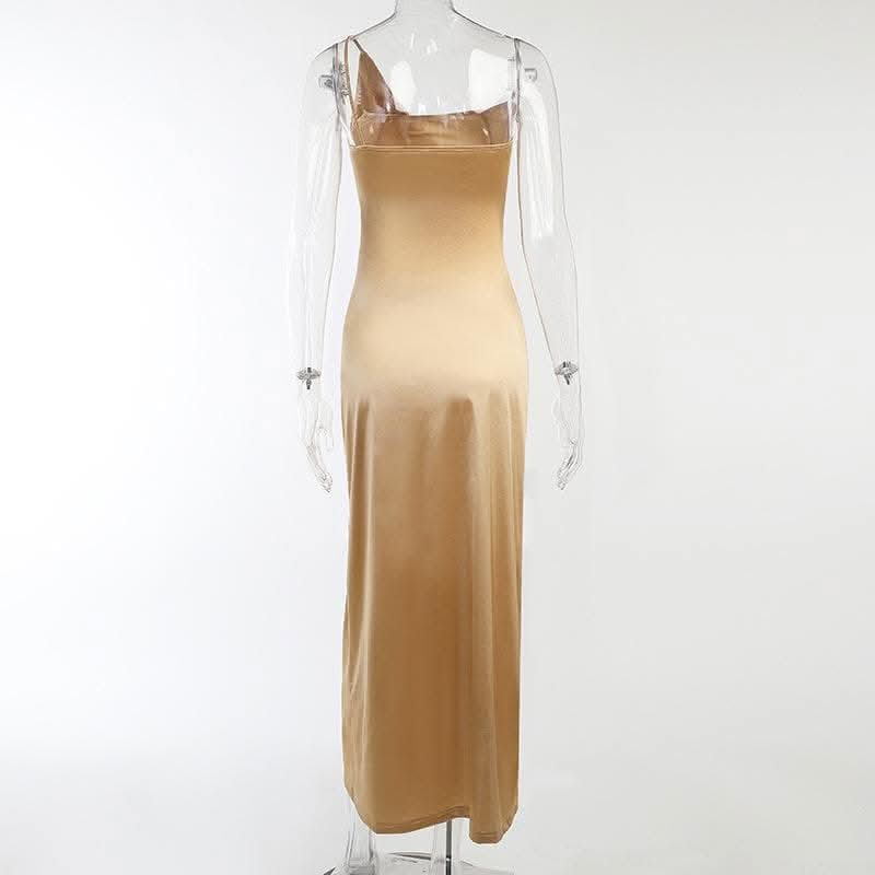 Sleeveless solid satin slit one shoulder ruched backless midi dress-final-sale  | Festival Outfits Women