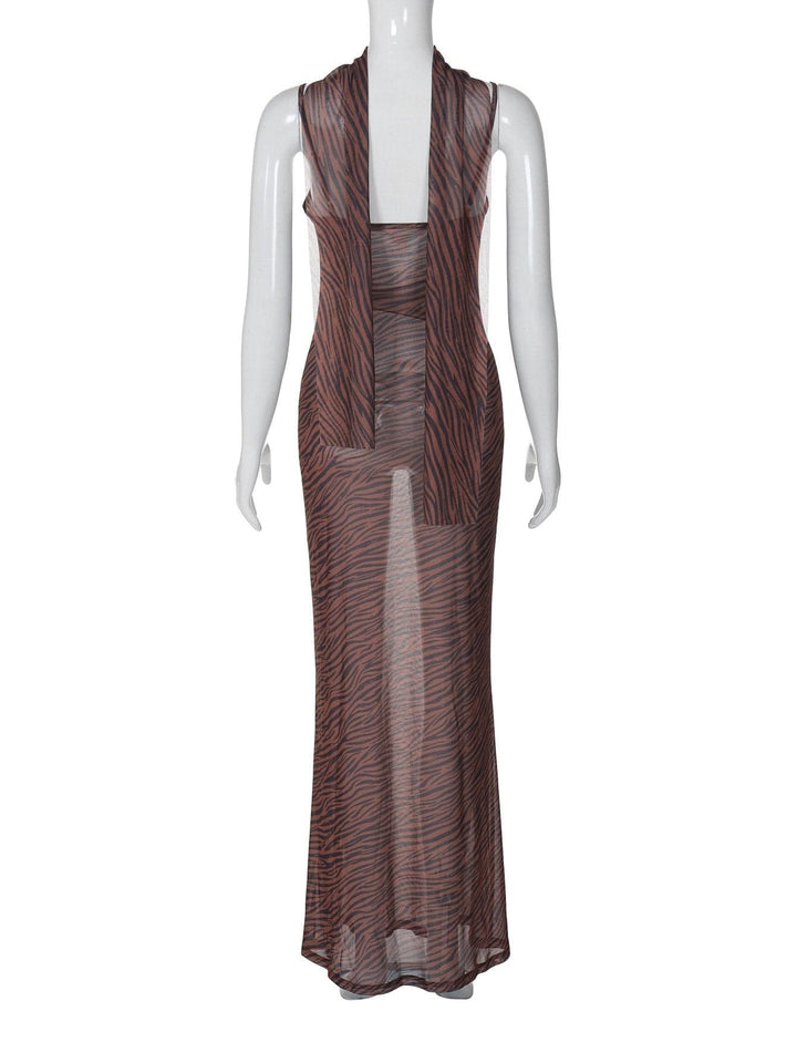 Tiger print sheer mesh cami maxi dress  | Festival Outfits Women