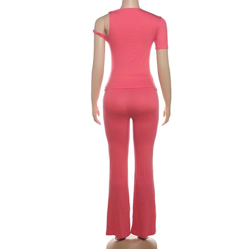 Short sleeve irregular crewneck solid pant set  | Festival Outfits Women