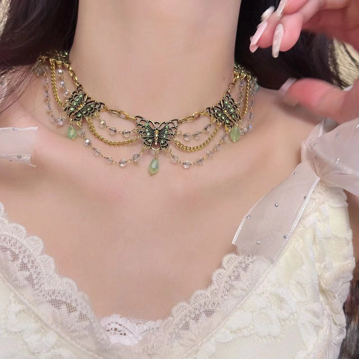 Layered green butterfly pendant choker necklace  | Festival Outfits Women