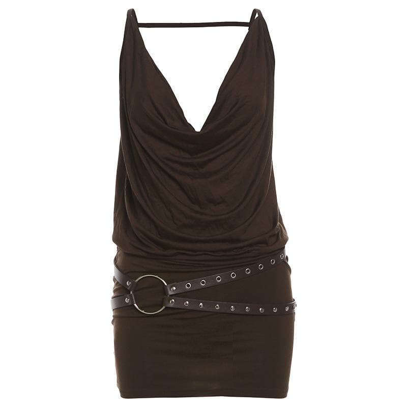 Cowl neck belt backless cami mini dress  | Festival Outfits Women