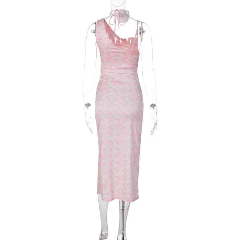 Contrast irregular slit sleeveless flower print cowl neck midi dress-final-sale  | Festival Outfits Women
