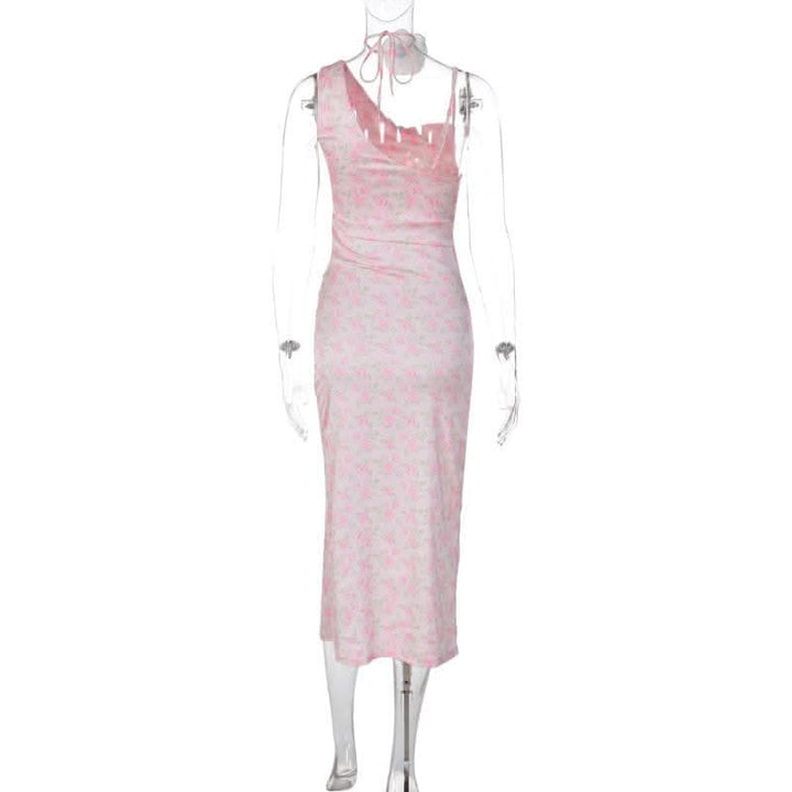 Contrast irregular slit sleeveless flower print cowl neck midi dress-final-sale  | Festival Outfits Women