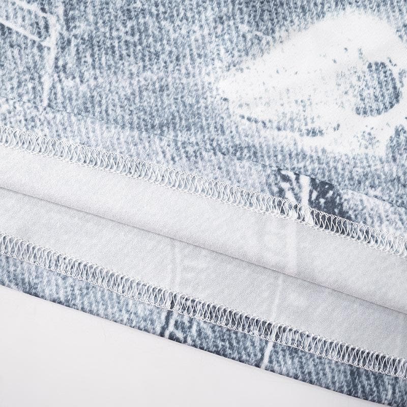 Cap sleeve crewneck denim print maxi dress  | Festival Outfits Women