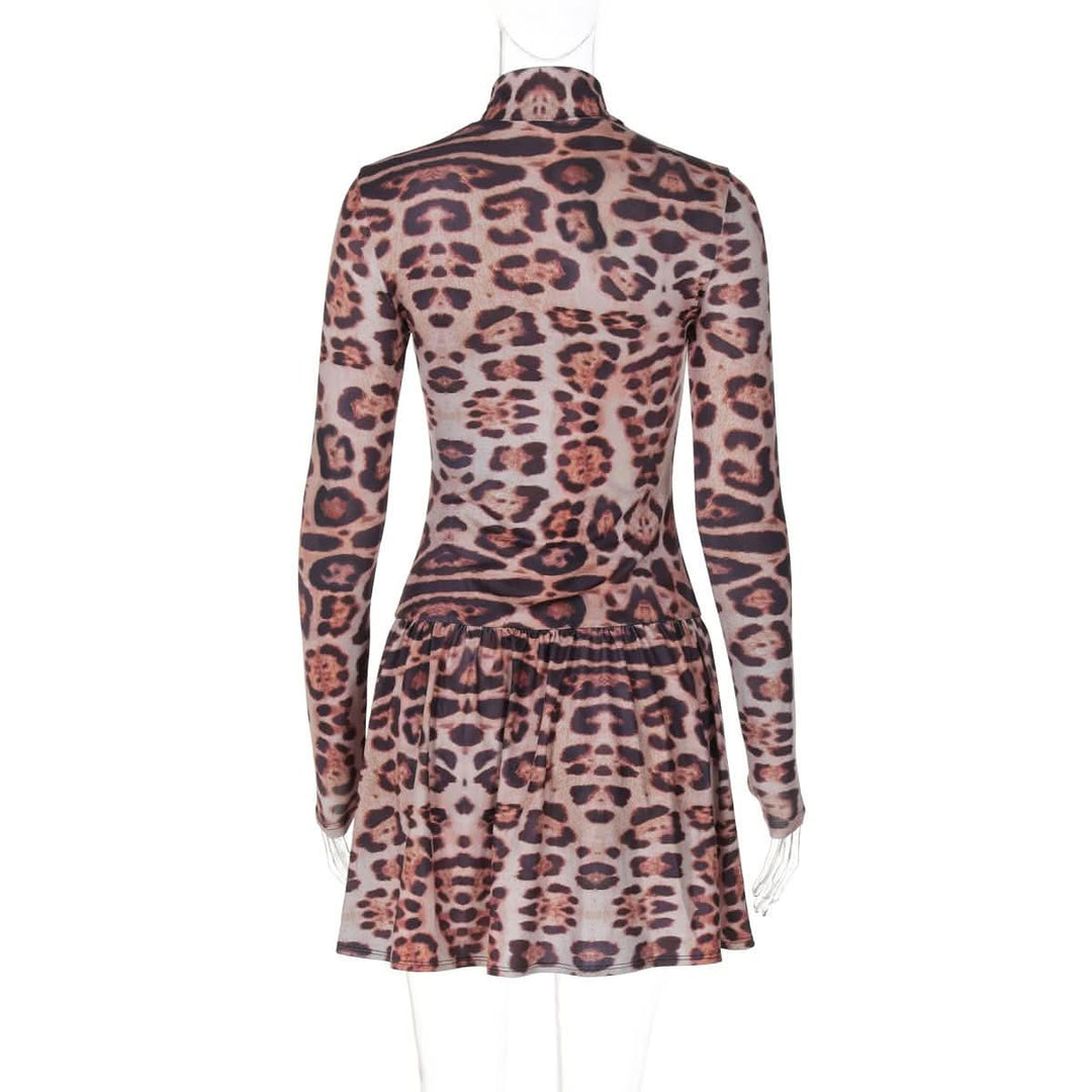 Leopard print long sleeve high neck mini dress-final-sale  | Festival Outfits Women  | Leopard Print Mini Dress