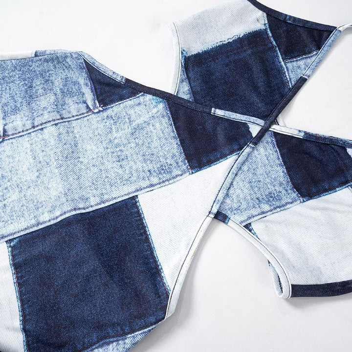 Riga mai kama da na Halter patchwork denim hollow out cut out mini dress | Kayan Biki na Mata