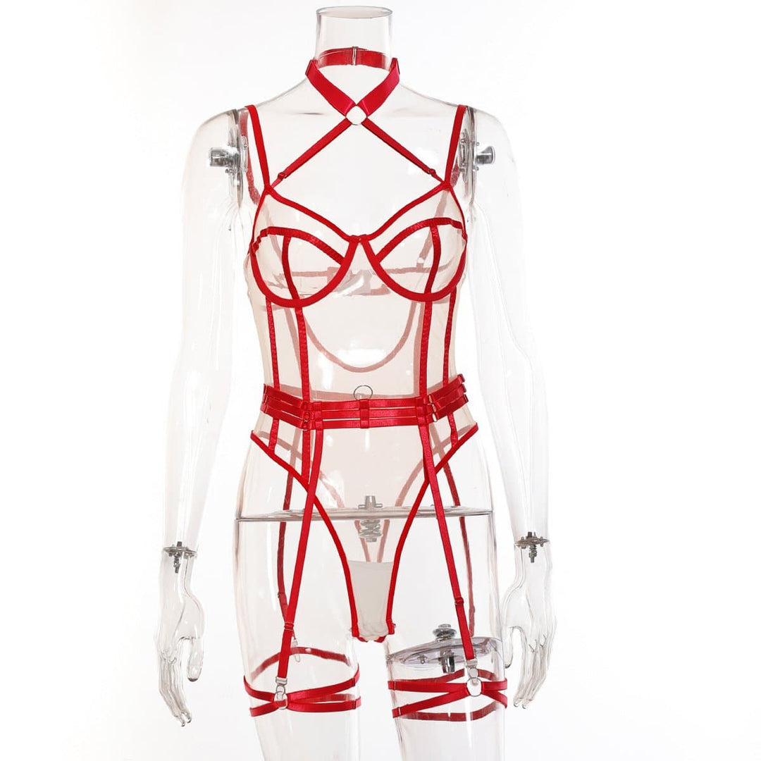 Mesh print garter o ring halter bodysuit  | Festival Outfits Women